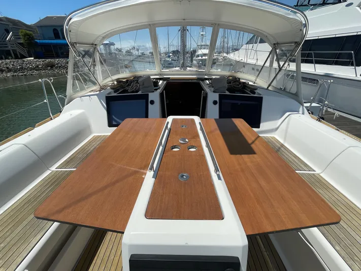 Send Me Yacht Photos Pics Spacious cockpit of 2018 Dufour 460 Grand Large yacht with wooden table and canopy.