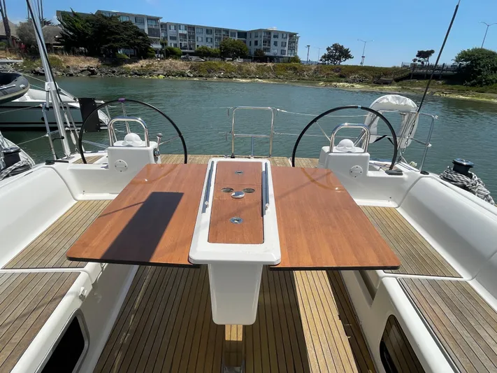 Send Me Yacht Photos Pics Dufour 460 Grand Large 2018 yacht cockpit with wooden table and dual steering wheels.