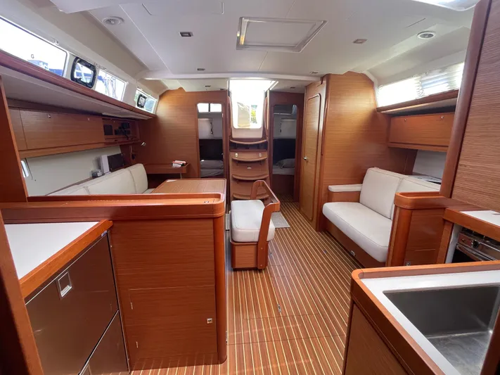 Send Me Yacht Photos Pics Interior of 2018 Dufour 460 Grand Large yacht, featuring elegant wood finish and modern design.