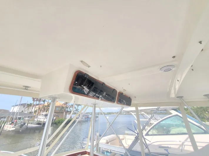 Anchor Management Yacht Photos Pics 1988 Post 46 Sportfish boat interior with overhead electronics and marina view.
