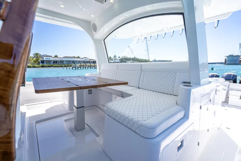  Yacht Photos Pics Luxurious seating area on 2026 HCB 65 Estrella yacht with ocean view.