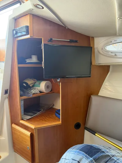  Yacht Photos Pics Interior of 2017 Cutwater C-302 Sport Coupe with TV and storage shelves.