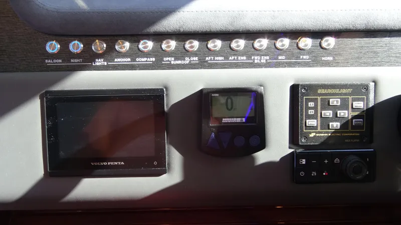 Chapter II Yacht Photos Pics Control panel of 2023 Riviera 6000 Sport Yacht with various instruments and displays.
