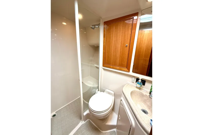 Golden Rule Yacht Photos Pics 2006 Riviera 42 Flybridge yacht bathroom with shower, toilet, and wooden cabinet.