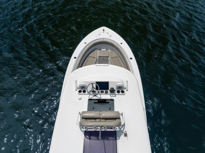  Yacht Photos Pics 2021 Sportsman Open 302 Center Console boat on water, aerial view.
