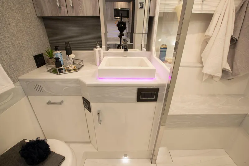 No Name Yacht Photos Pics Manufacturer Provided Image: Modern bathroom in 2022 Formula 500 Super Sport Crossover boat with illuminated sink.
