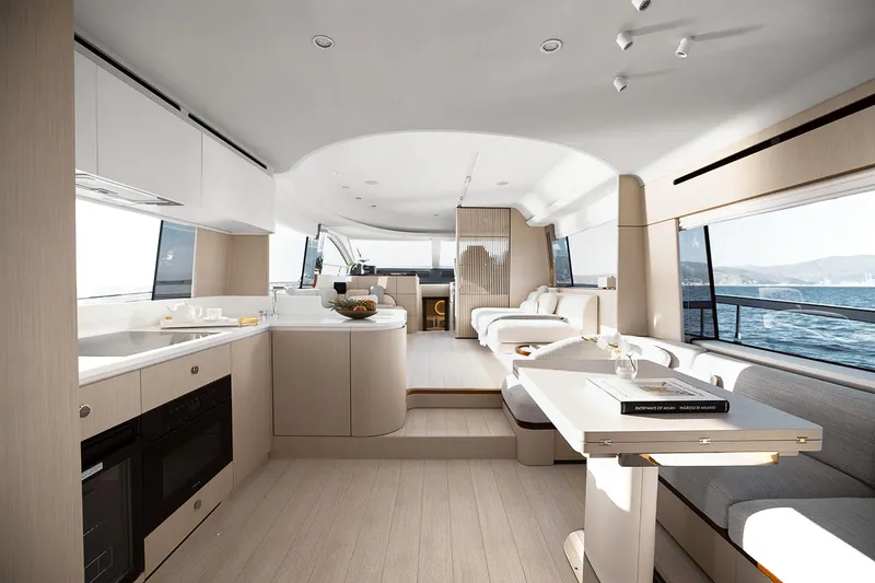  Yacht Photos Pics Luxurious interior of 2025 Azimut Fly 68 yacht with modern design and ocean view.