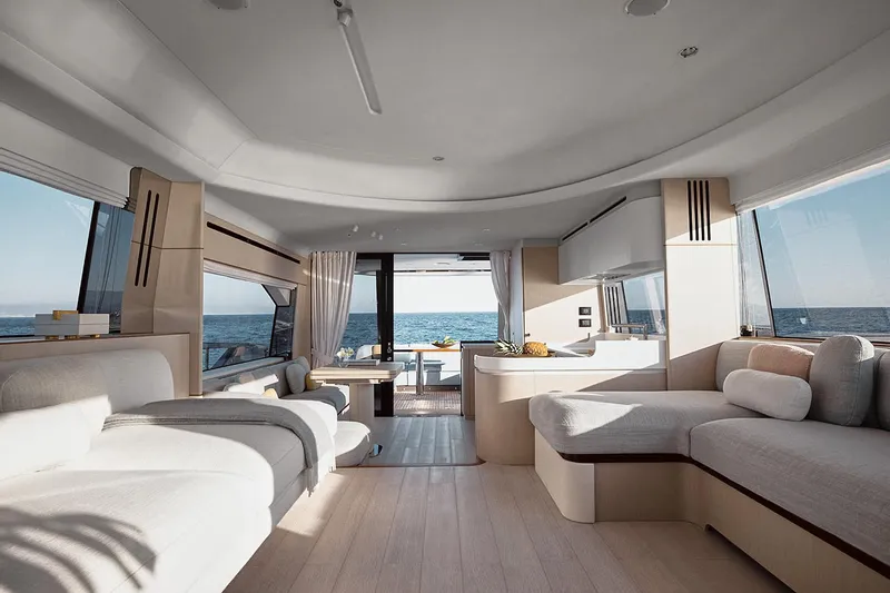  Yacht Photos Pics Luxurious interior of 2025 Azimut Fly 68 yacht with ocean view and modern furnishings.