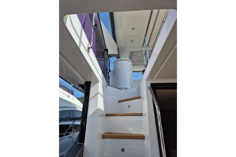  Yacht Photos Pics Staircase on 2023 Azimut Fly 68 yacht, leading to upper deck.