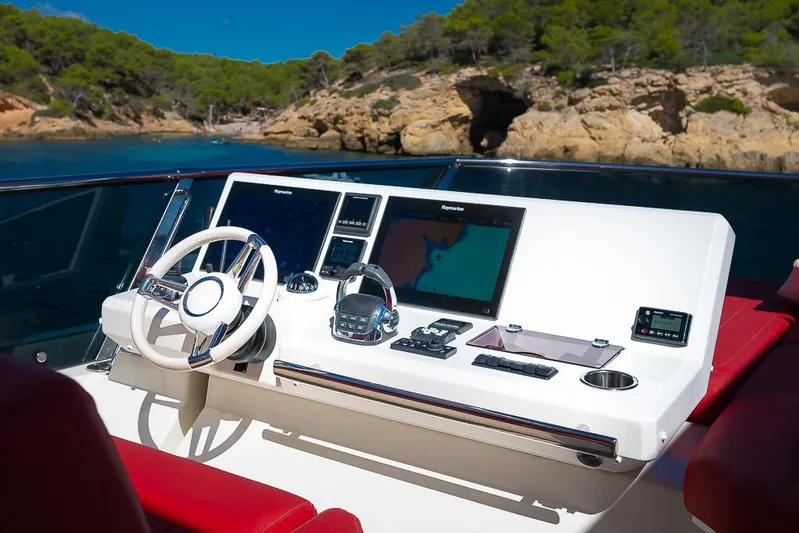  Yacht Photos Pics Helm of 2017 Prestige 680 yacht with modern navigation equipment.