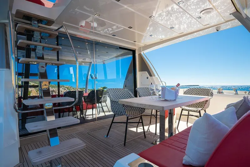  Yacht Photos Pics Luxurious 2017 Prestige 680 yacht deck with modern seating and ocean view.