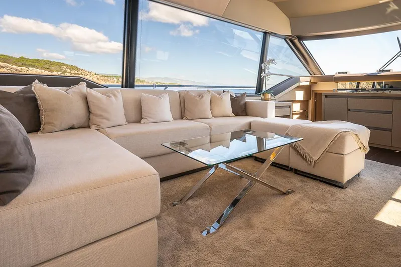  Yacht Photos Pics Luxurious interior of 2017 Prestige 680 yacht with elegant seating and panoramic windows.