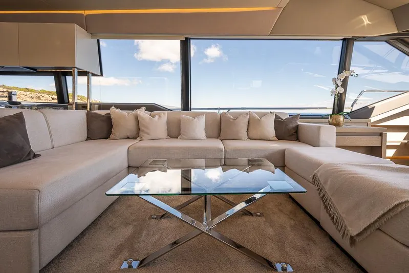  Yacht Photos Pics Luxurious interior of 2017 Prestige 680 yacht with elegant seating and glass table.