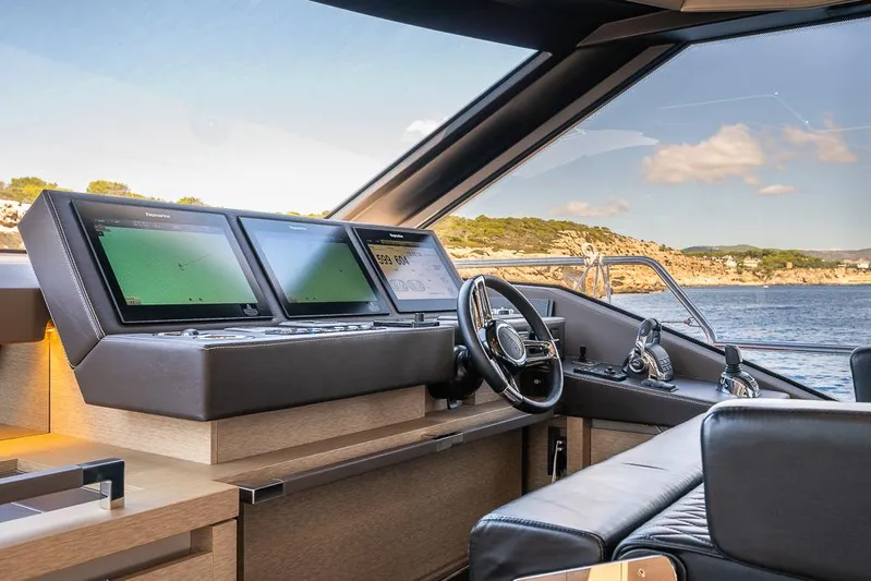  Yacht Photos Pics Prestige 680 yacht helm, 2017 model, featuring modern navigation screens and luxurious interior.