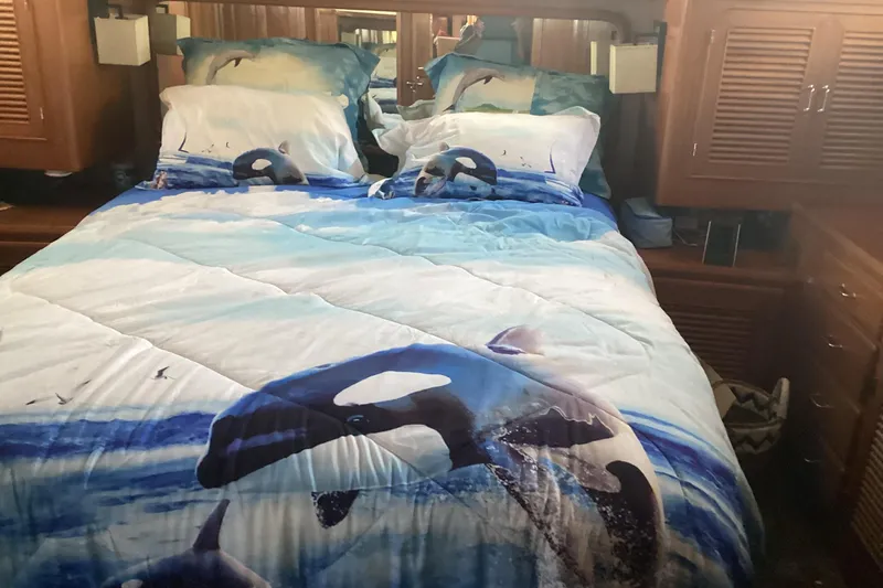No Reservations Yacht Photos Pics Cozy bedroom in 1984 Spindrift 52 Motor Yacht with whale-themed bedding.