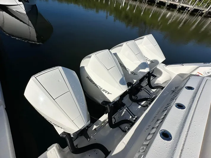 Hightide Yacht Photos Pics Four Mercury outboard engines on a 2022 Boston Whaler 380 Realm boat.