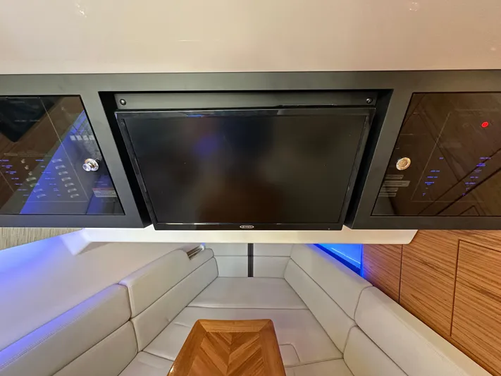 Hightide Yacht Photos Pics 2022 Boston Whaler 380 Realm interior with TV and seating area.