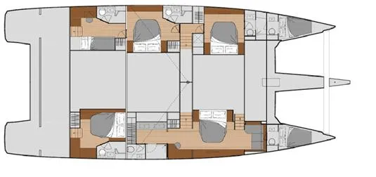  Yacht Photos Pics 2023 Fountaine Pajot Catamaran Alegria 67 floor plan with multiple cabins and bathrooms.