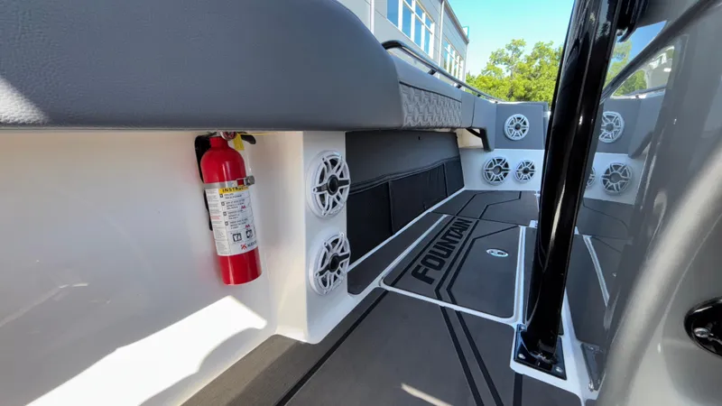  Yacht Photos Pics Interior of 2025 Fountain 34 SC boat with speakers and fire extinguisher.