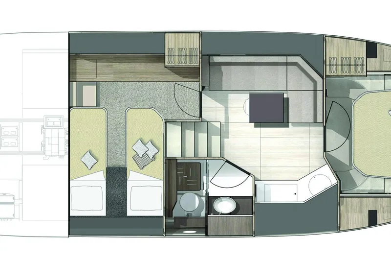  Yacht Photos Pics Floor plan of 2026 Cranchi Z35 yacht interior layout with bedrooms and bathroom.