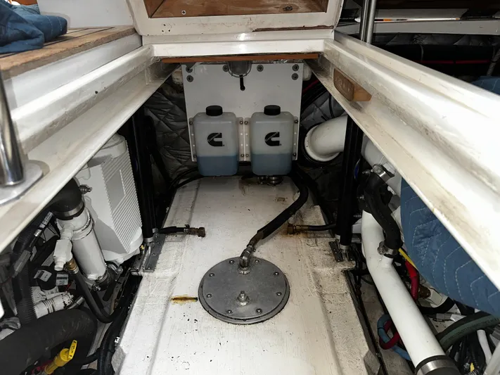  Yacht Photos Pics Engine compartment of a 1990 Little Harbor Express 36 boat, showing mechanical components.