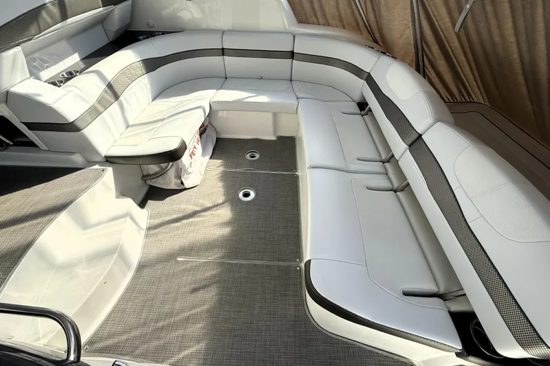 Knot To Scale Yacht Photos Pics 2018 Formula 37 Performance Cruiser interior with sleek white seating and modern design.