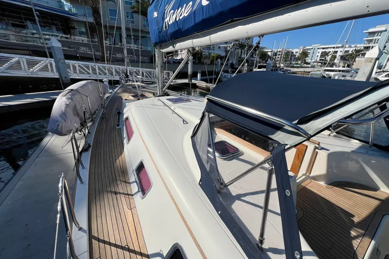 The Jonathan Shepard Yacht Photos Pics 2006 Hanse 461e sailboat docked at marina, showcasing sleek deck design.