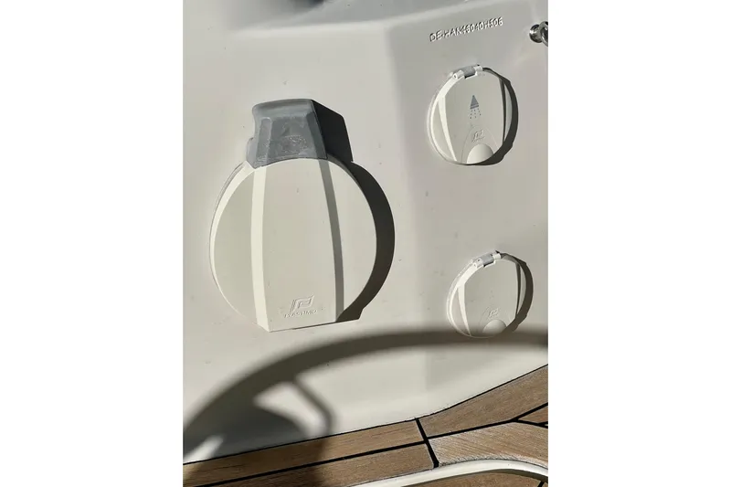 The Jonathan Shepard Yacht Photos Pics Close-up of a 2006 Hanse 461e yacht's deck fittings and hatches.