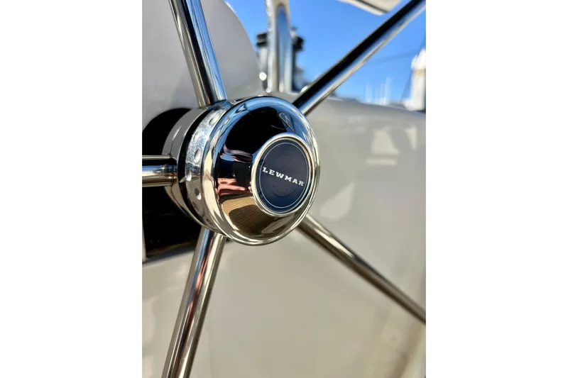 The Jonathan Shepard Yacht Photos Pics Close-up of Lewmar steering wheel on 2006 Hanse 461e yacht.