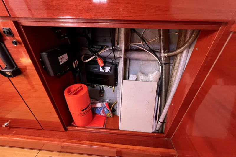 The Jonathan Shepard Yacht Photos Pics Electrical compartment of 2006 Hanse 461e yacht with wiring and equipment.