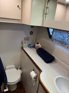 Grace Yacht Photos Pics 1995 Carver 440 Aft Cabin Motor Yacht bathroom with sink, toilet, and storage.