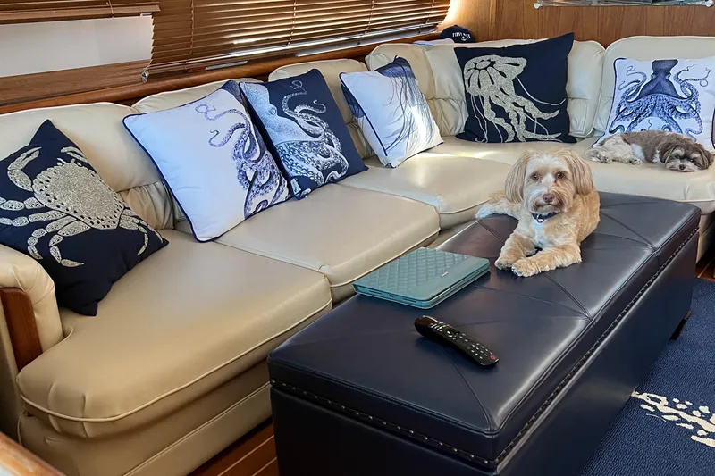 Grace Yacht Photos Pics Cozy interior of 1995 Carver 440 Aft Cabin Motor Yacht with nautical-themed pillows and dogs.