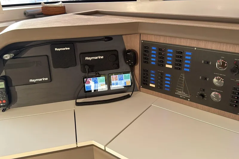  Yacht Photos Pics Control panel of a 2021 Bali 5.4 yacht with Raymarine navigation equipment.