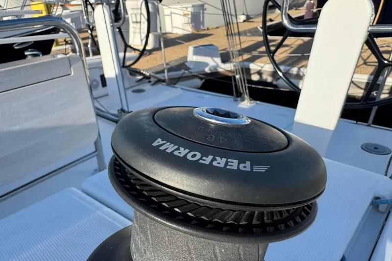  Yacht Photos Pics Winch on 2023 Beneteau First 36 sailboat deck, featuring performance equipment.