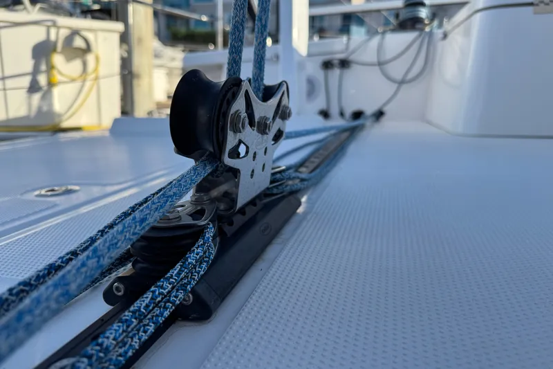  Yacht Photos Pics Close-up of rigging on a 2023 Beneteau First 36 sailboat deck.