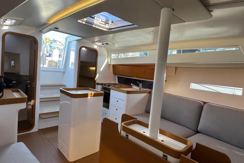  Yacht Photos Pics Interior of 2023 Beneteau First 36 yacht, featuring modern design and comfortable seating.