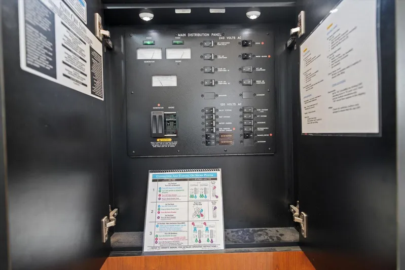 Free Bird Yacht Photos Pics Electrical panel inside a 2003 Sea Ray 480 Motor Yacht, featuring switches and instructions.