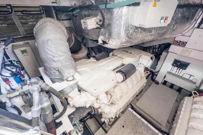  Yacht Photos Pics Engine room of 2020 Sunseeker Predator 74 yacht, showcasing advanced machinery and components.