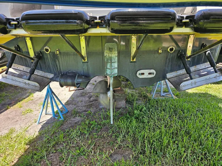  Yacht Photos Pics 2014 Ranger Tugs 31-CB boat hull on stands, showing propeller and rudder.