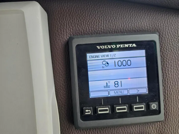  Yacht Photos Pics Volvo Penta engine display on 2014 Ranger Tugs 31-CB, showing 1000 hours and 81&deg;F.