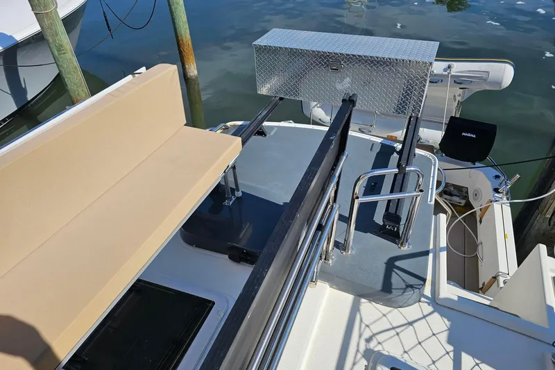  Yacht Photos Pics 2014 Ranger Tugs R 31 boat deck with seating and storage box.