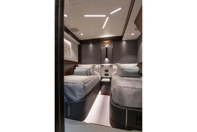 Baillies Yacht Photos Pics Luxurious twin cabin interior of 2021 Sunseeker Manhattan 68 yacht.