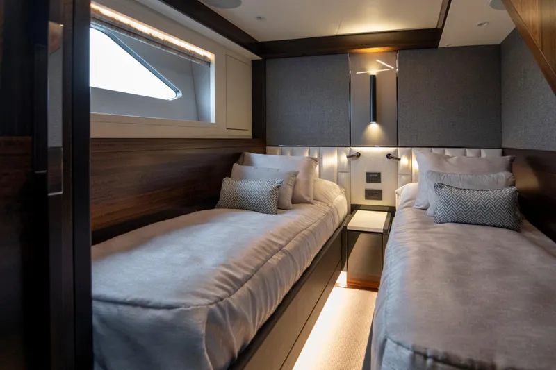 Baillies Yacht Photos Pics Luxurious twin cabin interior on 2021 Sunseeker Manhattan 68 yacht.