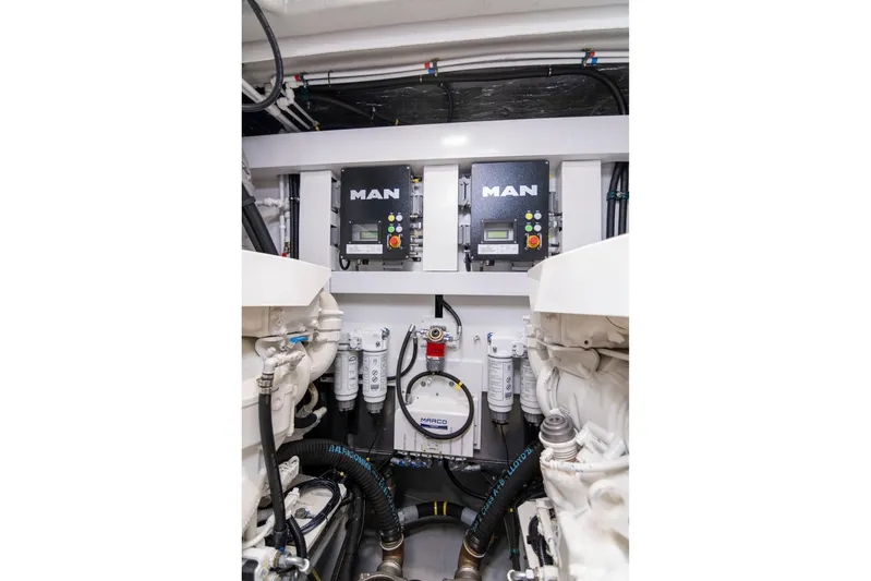 Baillies Yacht Photos Pics Engine room of 2021 Sunseeker Manhattan 68 yacht with MAN control systems.