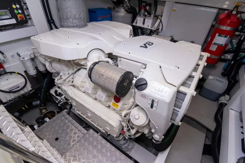 Baillies Yacht Photos Pics Engine room of 2021 Sunseeker Manhattan 68 yacht, featuring advanced machinery and equipment.