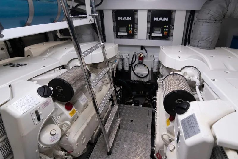 Baillies Yacht Photos Pics Engine room of 2021 Sunseeker Manhattan 68 yacht with MAN engines and equipment.