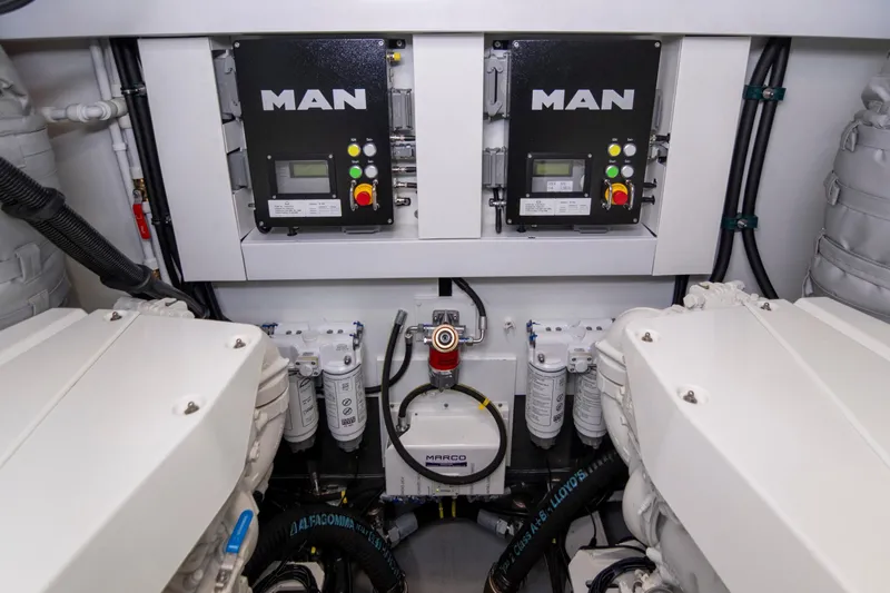 Baillies Yacht Photos Pics Engine room of 2021 Sunseeker Manhattan 68 yacht with MAN control panels.