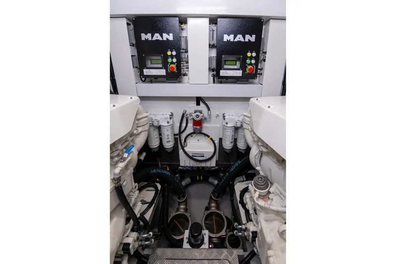Baillies Yacht Photos Pics Engine room of 2021 Sunseeker Manhattan 68 yacht with MAN control panels.
