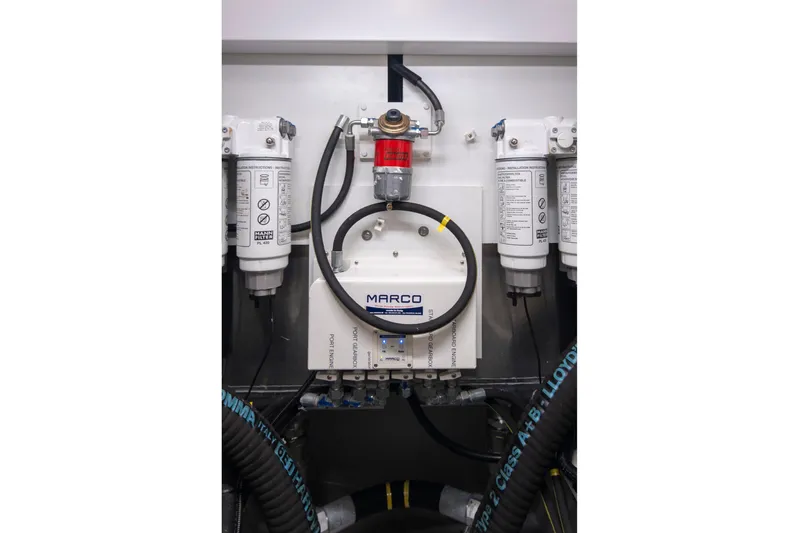Baillies Yacht Photos Pics Engine room of 2021 Sunseeker Manhattan 68 yacht, featuring Marco fuel filtration system.