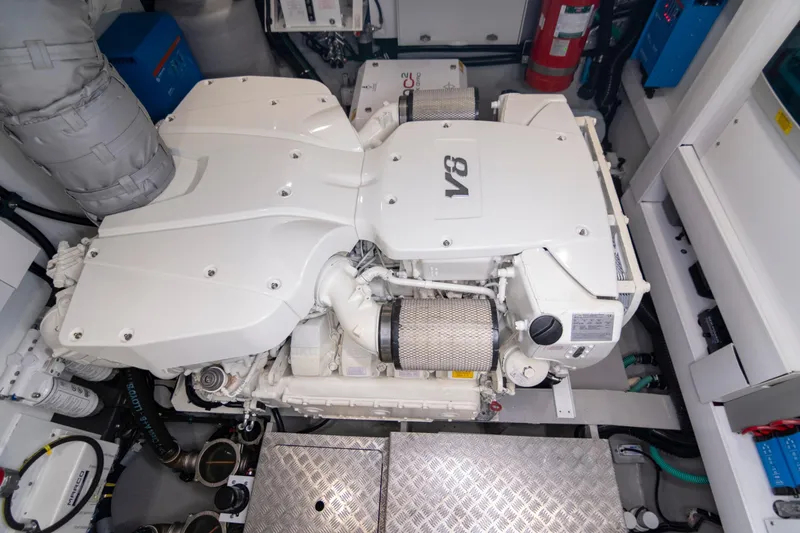 Baillies Yacht Photos Pics Engine room of 2021 Sunseeker Manhattan 68 yacht featuring a V8 engine.